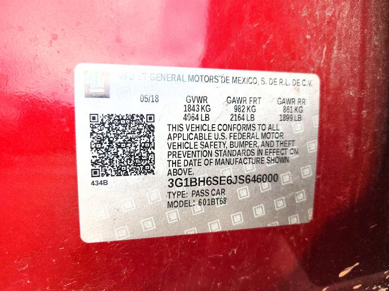 75387535 :رقم المزاد ، 3G1BH6SE6JS646000 vin ، 2018 Chevrolet Cruze مزاد بيع