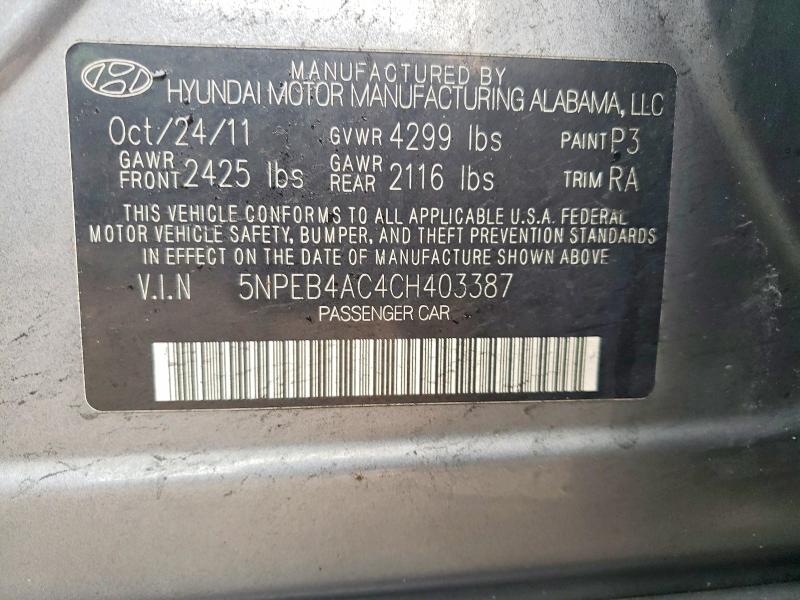 2012 Hyundai Sonata მანქანა იყიდება აუქციონზე, vin: 5NPEB4AC4CH403387, აუქციონის ნომერი: 73008655