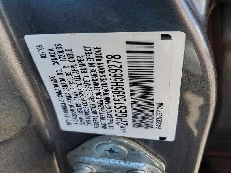 73677385 :رقم المزاد ، 2HGES16595H569278 vin ، 2005 Honda Civic Lx مزاد بيع