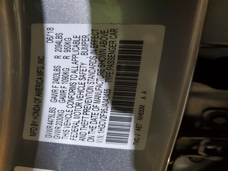 Aukcja sprzedaży 2018 Honda Accord, vin: 1HGCV2F95JA043455, numer aukcji: 72830865