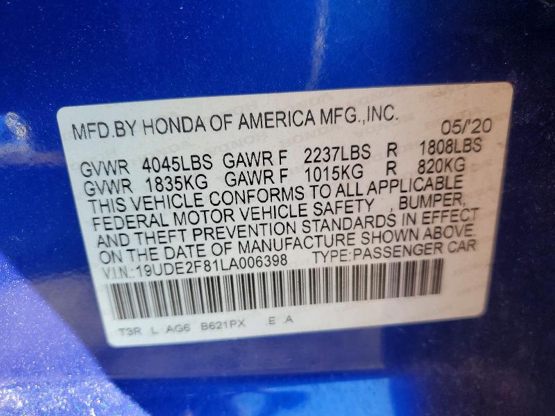 99696205 :رقم المزاد ، 19UDE2F81LA006398 vin ، 2020 Acura Ilx مزاد بيع
