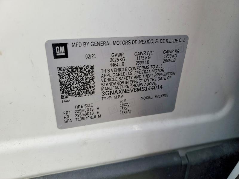 Aukcja sprzedaży 2021 Chevrolet Equinox, vin: 3GNAXNEV6MS144014, numer aukcji: 98564725