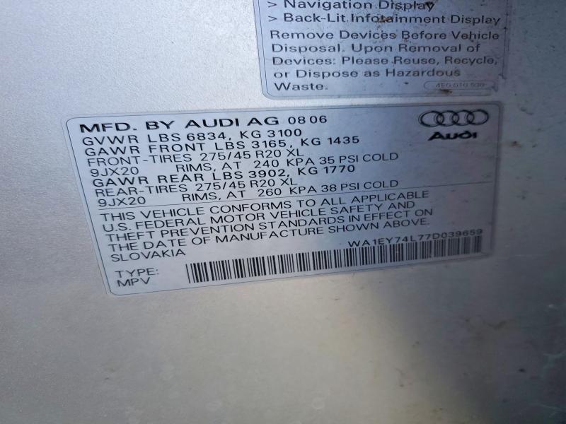 72924695 :رقم المزاد ، WA1EY74L77D039659 vin ، 2007 Audi Q7 مزاد بيع