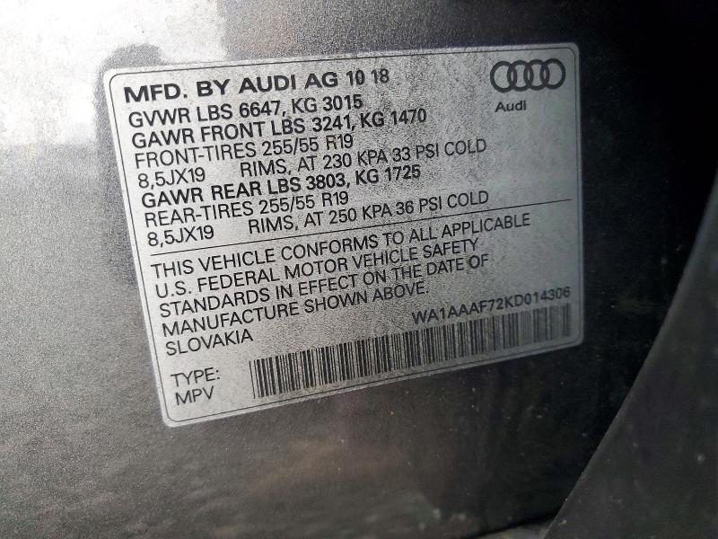 2019 Audi Q7 მანქანა იყიდება აუქციონზე, vin: WA1AAAF72KD014306, აუქციონის ნომერი: 99715115