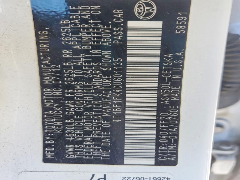 2012 Toyota Camry მანქანა იყიდება აუქციონზე, vin: 4T1BF1FK4CU601135, აუქციონის ნომერი: 74868435