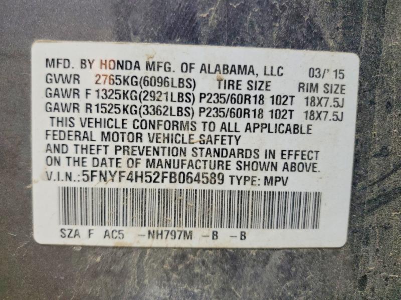 75248985 :رقم المزاد ، 5FNYF4H52FB064589 vin ، 2015 Honda Pilot Exl مزاد بيع