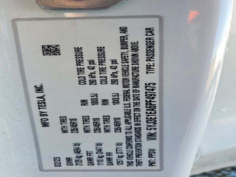 2023 Tesla Model 3 მანქანა იყიდება აუქციონზე, vin: 5YJ3E1EA6PF497475, აუქციონის ნომერი: 98987735