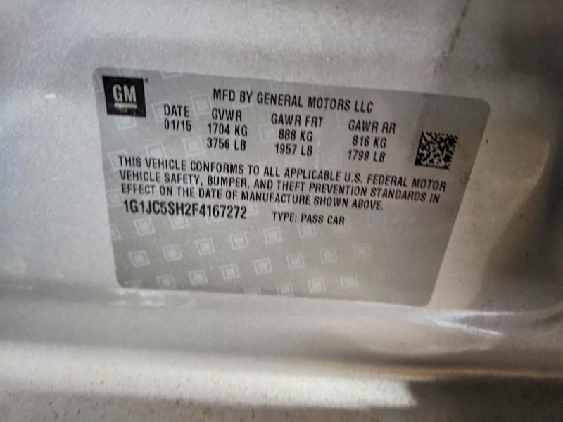 2015 Chevrolet Sonic მანქანა იყიდება აუქციონზე, vin: 1G1JC5SH2F4167272, აუქციონის ნომერი: 75750645