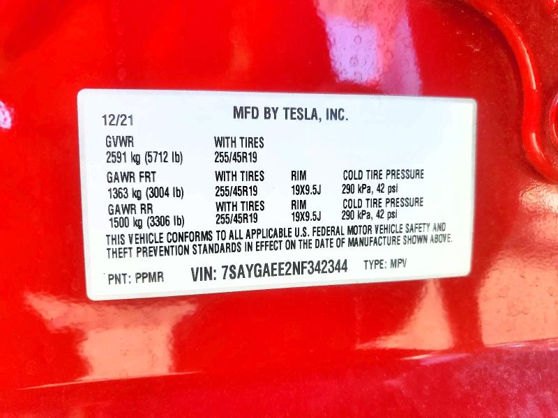 99717025 :رقم المزاد ، 7SAYGAEE2NF342344 vin ، 2022 Tesla Model Y مزاد بيع
