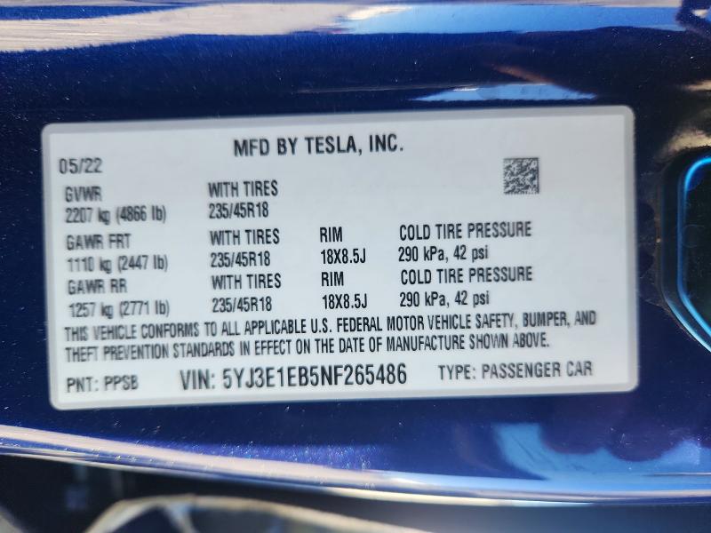 2022 Tesla Model 3 მანქანა იყიდება აუქციონზე, vin: 5YJ3E1EB5NF265486, აუქციონის ნომერი: 74252235