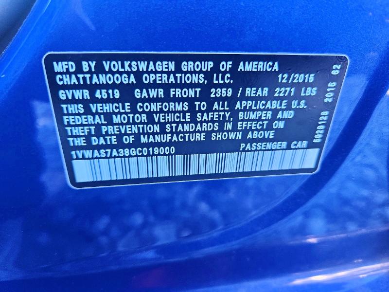 2016 Volkswagen Passat S მანქანა იყიდება აუქციონზე, vin: 1VWAS7A38GC019000, აუქციონის ნომერი: 72389135
