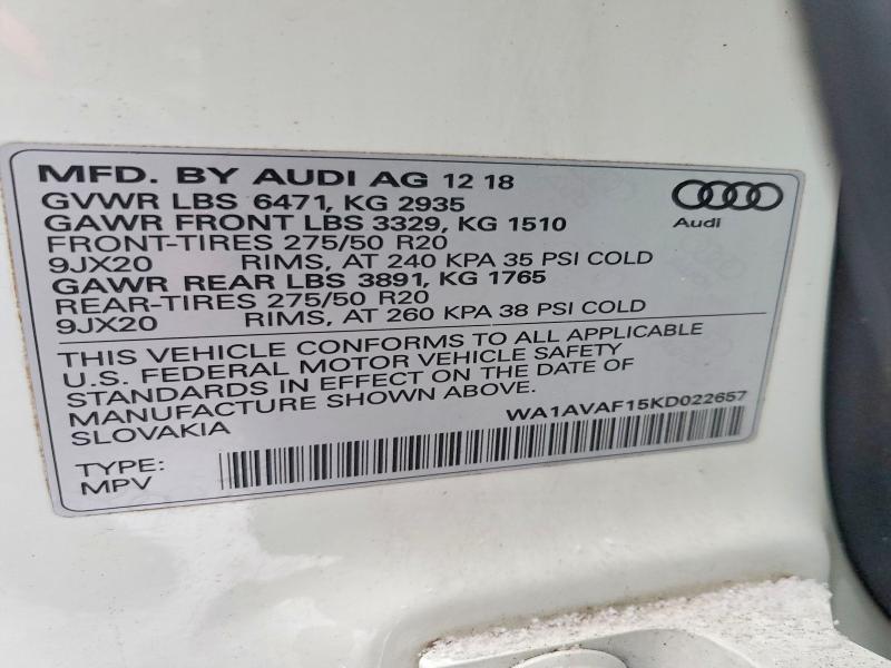 Продажа на аукционе авто 2019 Audi Q8 Premium, vin: WA1AVAF15KD022657, номер лота: 73642185