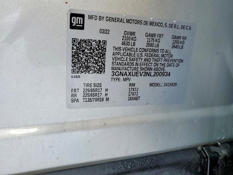 2022 Chevrolet Equinox მანქანა იყიდება აუქციონზე, vin: 3GNAXUEV3NL200934, აუქციონის ნომერი: 73053465