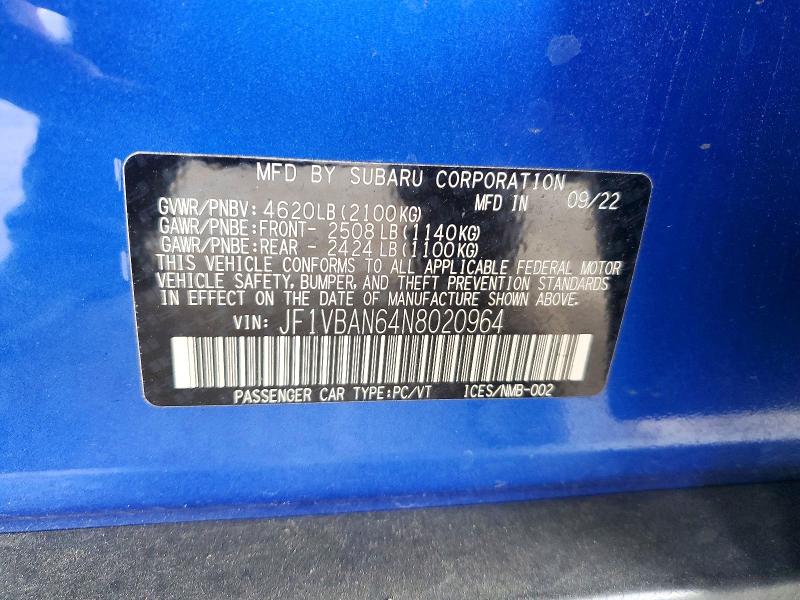 Aukcja sprzedaży 2022 Subaru Wrx, vin: JF1VBAN64N8020964, numer aukcji: 73729905