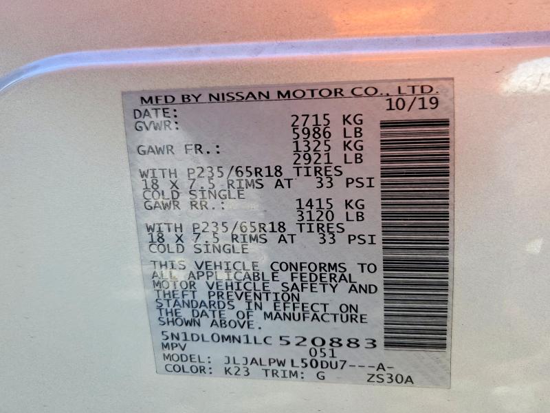 97949105 :رقم المزاد ، 5N1DL0MN1LC520883 vin ، 2020 Infiniti Qx60 Luxe مزاد بيع