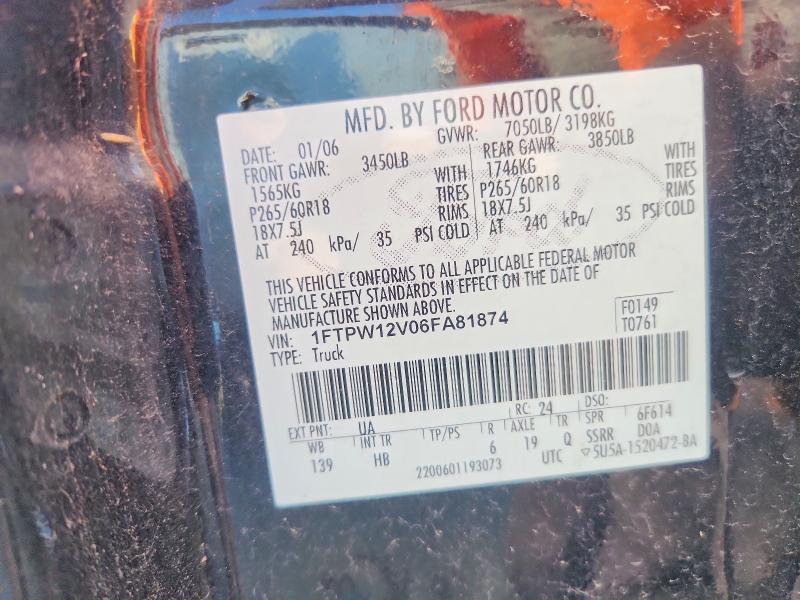 74851325 :رقم المزاد ، 1FTPW12V06FA81874 vin ، 2006 Ford F150 مزاد بيع