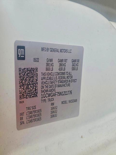 Aukcja sprzedaży 2022 Chevrolet Express G2, vin: 1GCWGAF75N1211776, numer aukcji: 98374955