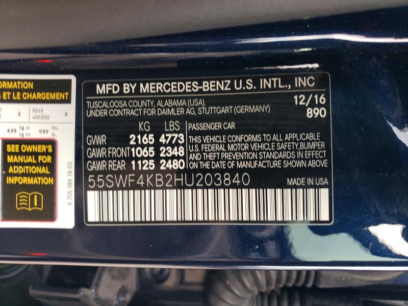 Auction sale of the 2017 Mercedes-benz C, vin: 55SWF4KB2HU203840, lot number: 72214055