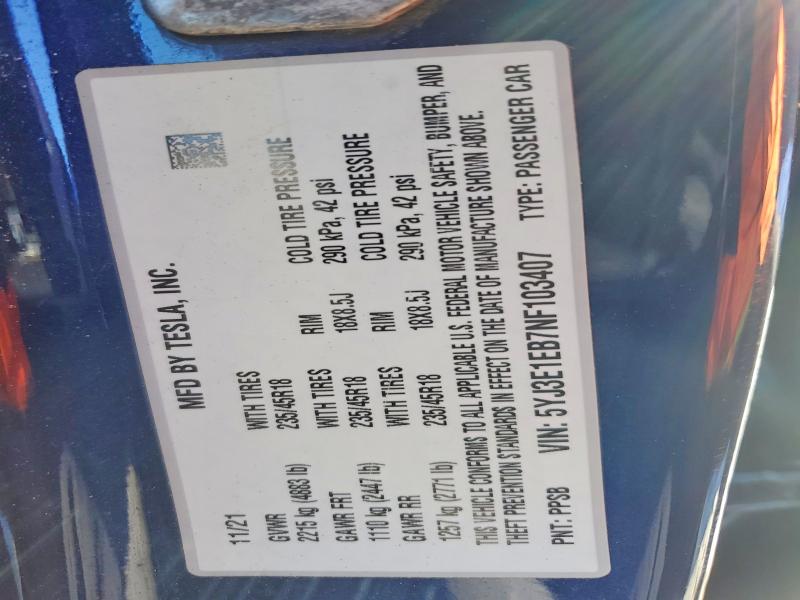 Продажа на аукционе авто 2022 Tesla Model 3, vin: 5YJ3E1EB7NF103407, номер лота: 72174975