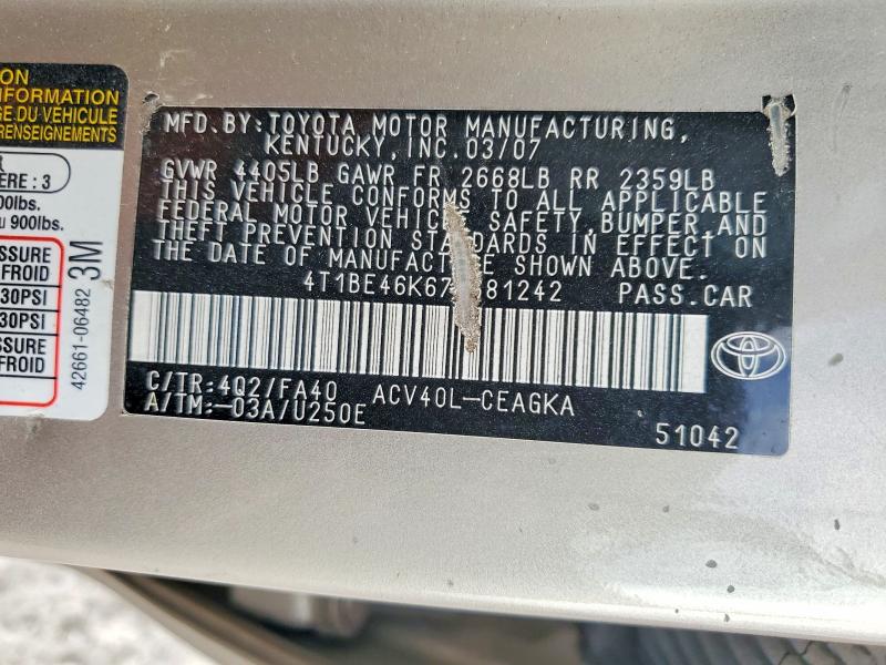 2007 Toyota Camry მანქანა იყიდება აუქციონზე, vin: 4T1BE46K67U681242, აუქციონის ნომერი: 99631005