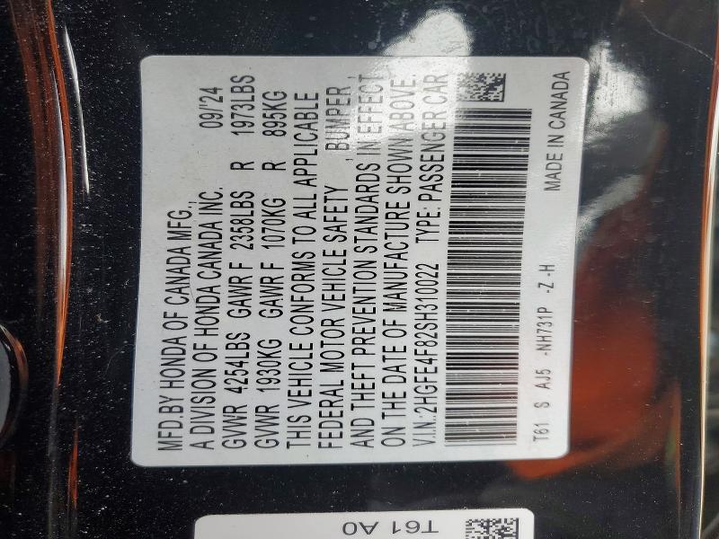 99344055 :رقم المزاد ، 2HGFE4F82SH310022 vin ، 2025 Honda Civic مزاد بيع