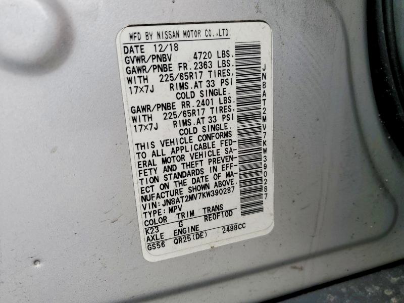 2019 Nissan Rogue მანქანა იყიდება აუქციონზე, vin: JN8AT2MV7KW390287, აუქციონის ნომერი: 99311925