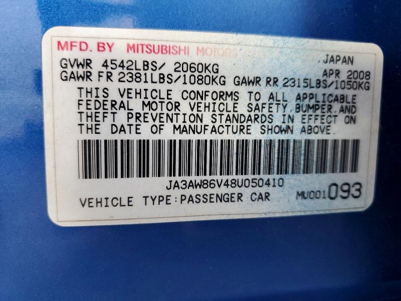 Продаж на аукціоні авто 2008 Mitsubishi Lancer, vin: JA3AW86V48U050410, номер лоту: 99532385