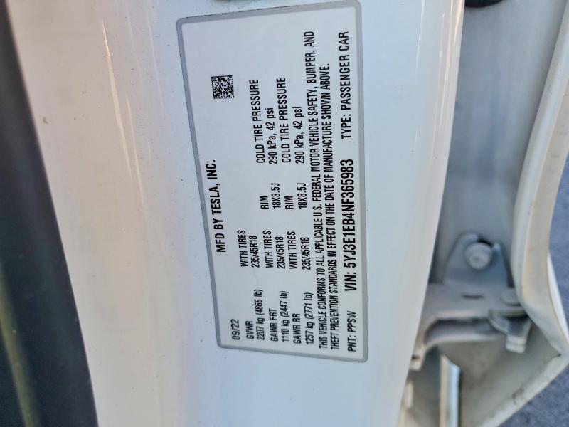 Aukcja sprzedaży 2022 Tesla Model 3, vin: 5YJ3E1EB4NF365983, numer aukcji: 73537165