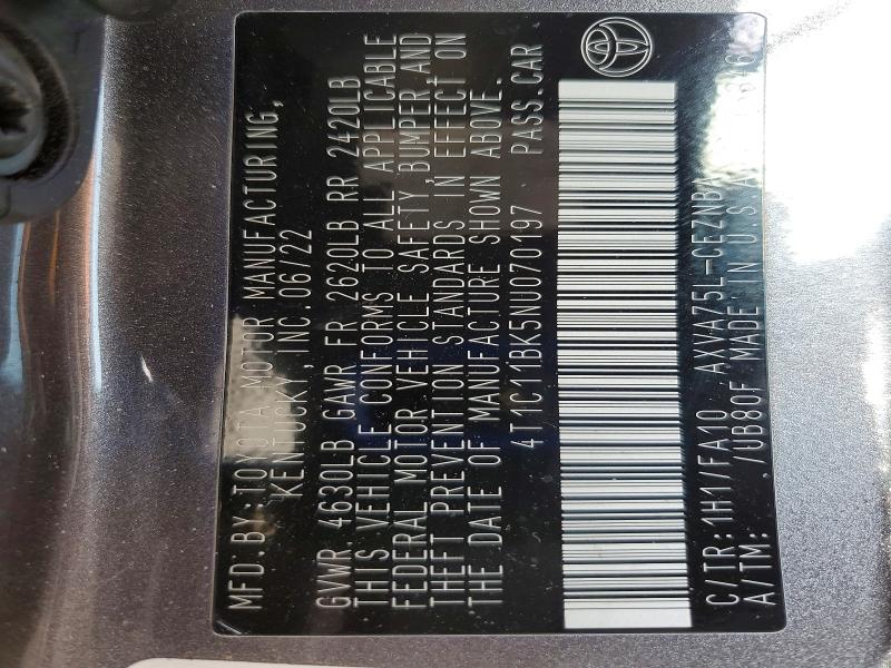 2022 Toyota Camry მანქანა იყიდება აუქციონზე, vin: 4T1C11BK5NU070197, აუქციონის ნომერი: 72245605