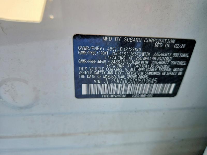 2024 Subaru Forester მანქანა იყიდება აუქციონზე, vin: JF2SKABC6RH503645, აუქციონის ნომერი: 99246055
