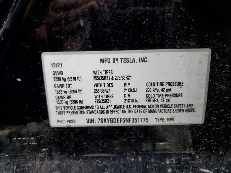 98265615 :رقم المزاد ، 7SAYGDEF5NF351775 vin ، 2022 Tesla Model Y مزاد بيع