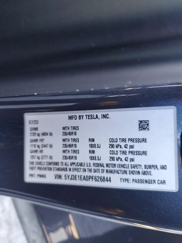 Aukcja sprzedaży 2023 Tesla Model 3, vin: 5YJ3E1EA0PF626844, numer aukcji: 92330905