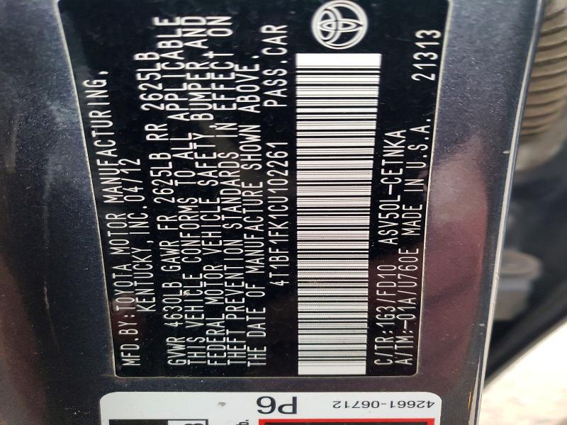 2012 Toyota Camry მანქანა იყიდება აუქციონზე, vin: 4T1BF1FK1CU102261, აუქციონის ნომერი: 74929745