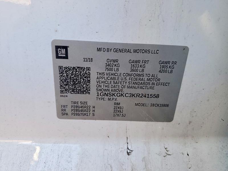 72726105 :رقم المزاد ، 1GNSKGKC3KR241558 vin ، 2019 Chevrolet Suburban مزاد بيع