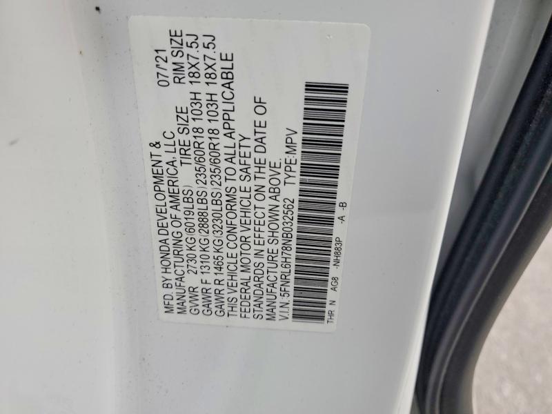 Aukcja sprzedaży 2022 Honda Odyssey, vin: 5FNRL6H78NB032562, numer aukcji: 73820095