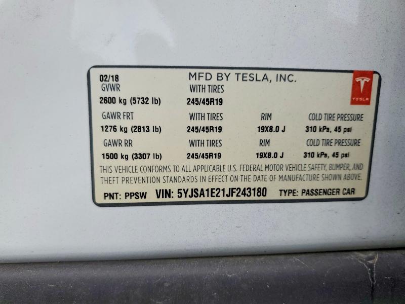 74056565 :رقم المزاد ، 5YJSA1E21JF243180 vin ، 2018 Tesla Model S مزاد بيع