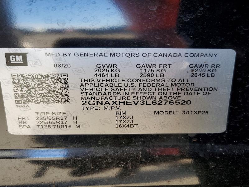 Aukcja sprzedaży 2020 Chevrolet Equinox, vin: 2GNAXHEV3L6276520, numer aukcji: 73751265