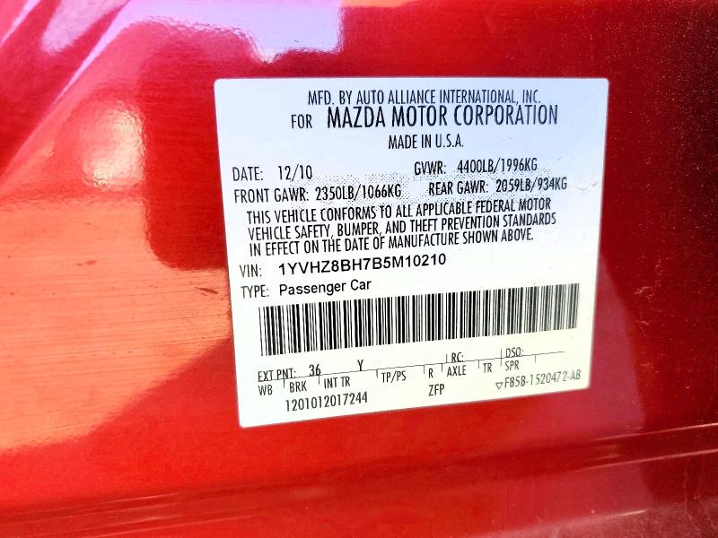 73433535 :رقم المزاد ، 1YVHZ8BH7B5M10210 vin ، 2011 Mazda 6 مزاد بيع