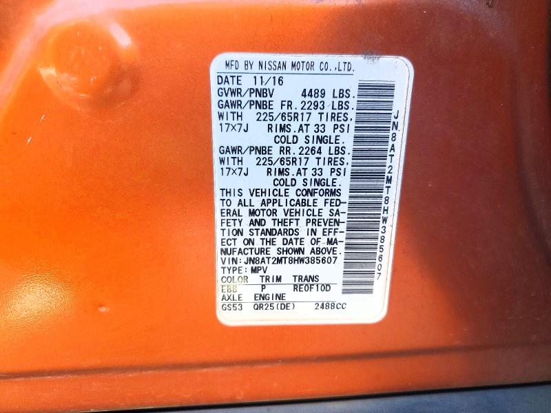 74808925 :رقم المزاد ، JN8AT2MT8HW385607 vin ، 2017 Nissan Rogue مزاد بيع