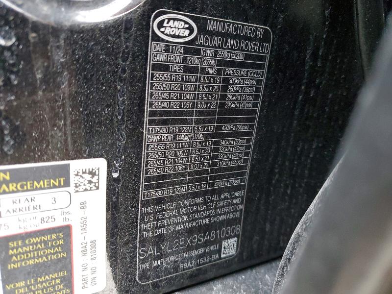 2025 Land Rover Range Rove მანქანა იყიდება აუქციონზე, vin: SALYL2EX9SA810308, აუქციონის ნომერი: 73860325