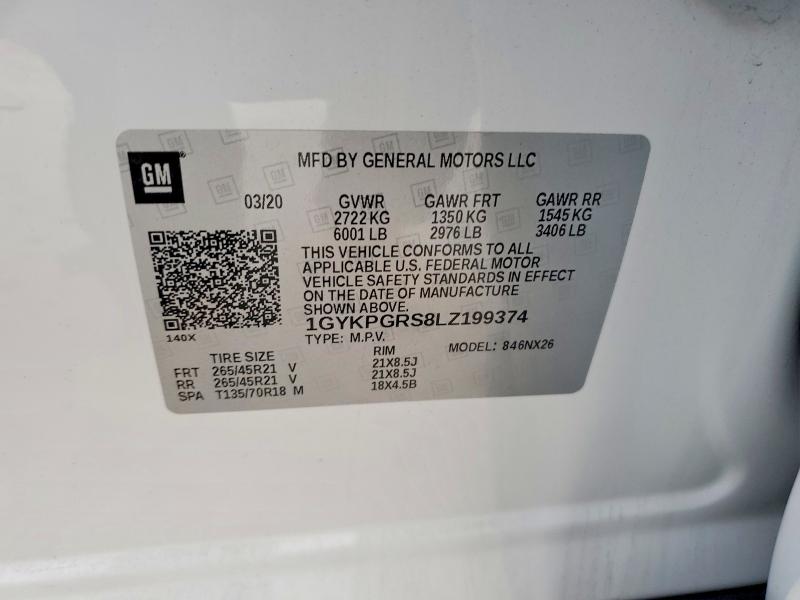 98169755 :رقم المزاد ، 1GYKPGRS8LZ199374 vin ، 2020 Cadillac Xt6 مزاد بيع
