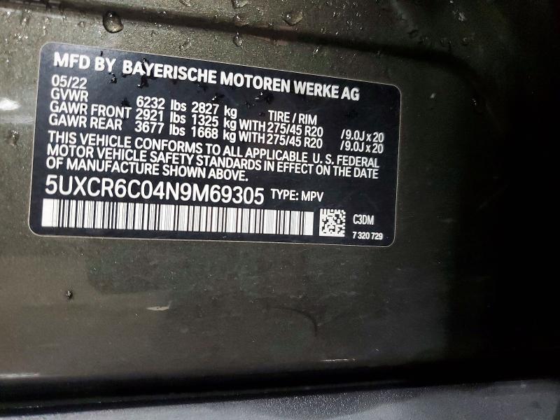 97641845 :رقم المزاد ، 5UXCR6C04N9M69305 vin ، 2022 Bmw X5 مزاد بيع