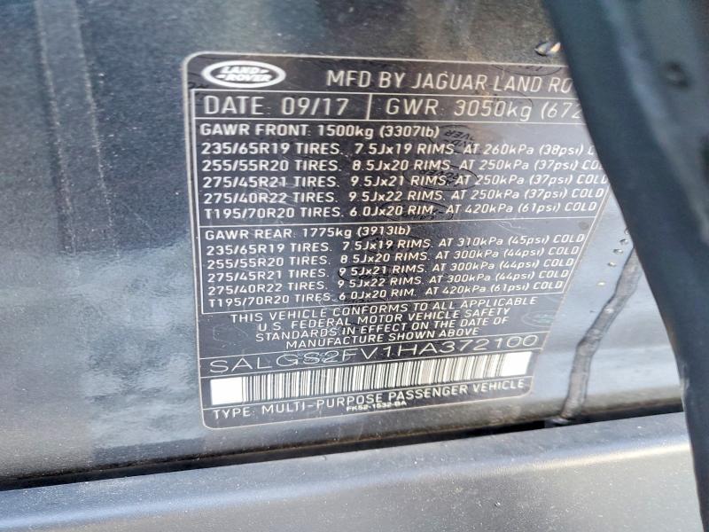 73118365 :رقم المزاد ، SALGS2FV1HA372100 vin ، 2017 Land Rover Range Rove مزاد بيع