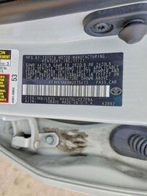 2022 Toyota Camry მანქანა იყიდება აუქციონზე, vin: 4T1K61AK9NU015413, აუქციონის ნომერი: 98356335