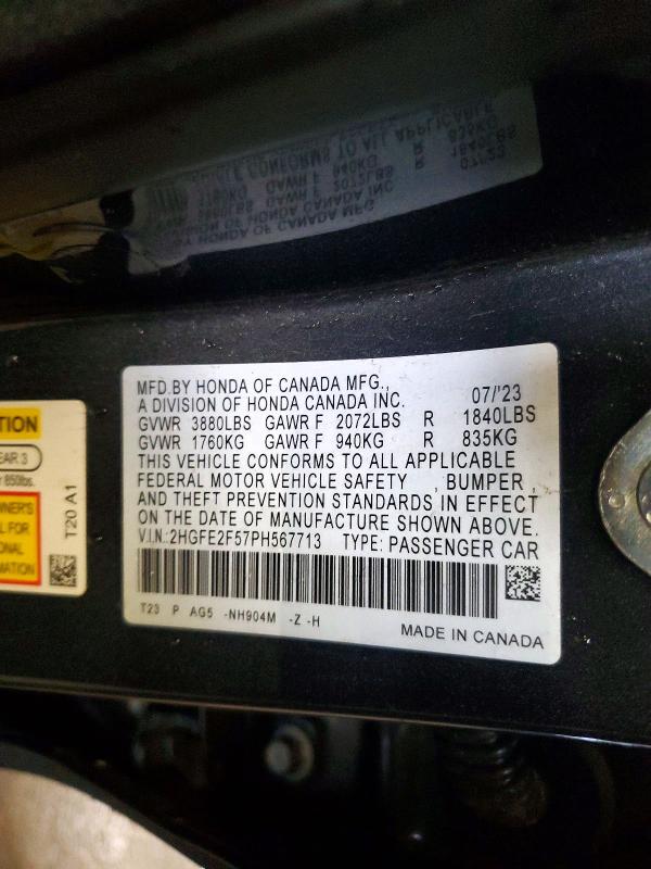 98700015 :رقم المزاد ، 2HGFE2F57PH567713 vin ، 2023 Honda Civic Spor مزاد بيع