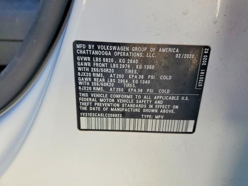 2020 Volkswagen Atlas Cross Sport მანქანა იყიდება აუქციონზე, vin: 1V21E2CA5LC209922, აუქციონის ნომერი: 73395775