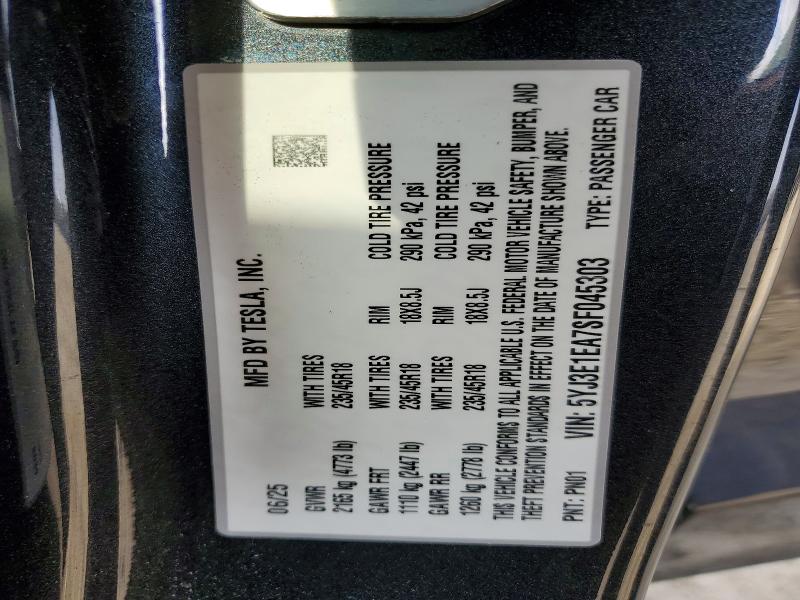 2025 Tesla Model 3 მანქანა იყიდება აუქციონზე, vin: 5YJ3E1EA7SF045303, აუქციონის ნომერი: 73749785