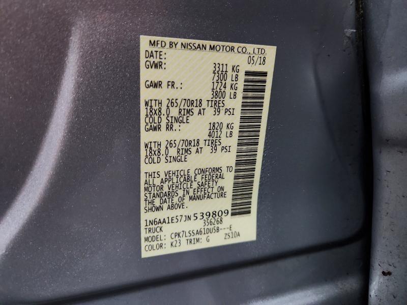 2018 Nissan Titan მანქანა იყიდება აუქციონზე, vin: 1N6AA1E57JN539809, აუქციონის ნომერი: 73731855