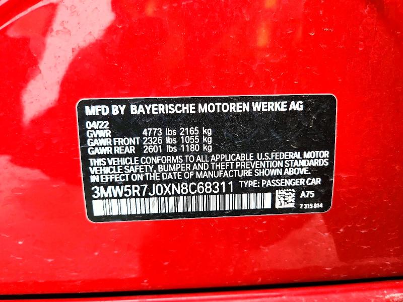 2022 Bmw 330xi მანქანა იყიდება აუქციონზე, vin: 3MW5R7J0XN8C68311, აუქციონის ნომერი: 73865665