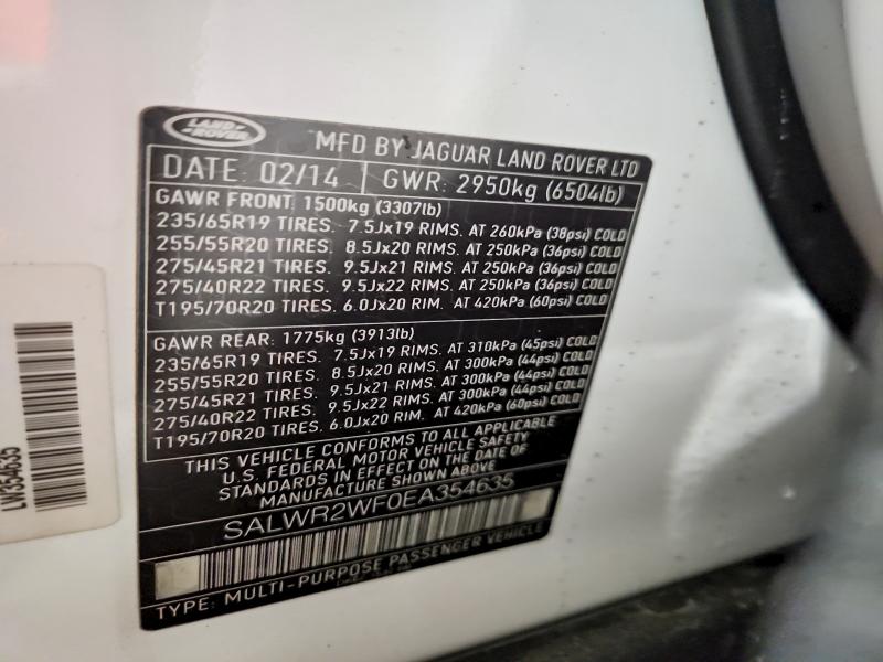 2014 Land Rover Range Rover Sport მანქანა იყიდება აუქციონზე, vin: SALWR2WF0EA354635, აუქციონის ნომერი: 41627516